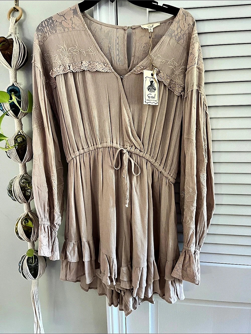 Easel Lace Trim Mini Dress in Taupe Size Medium NWT